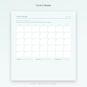 Puede incluir: Un calendario de ciclo de color verde claro con una cuadr&iacute;cula para 31 d&iacute;as. El encabezado dice Cycle Calendar e In Rhythm. Incluye secciones para marcar el periodo, manchado y s&iacute;ntomas, con el texto Undated - Print as many as you need.