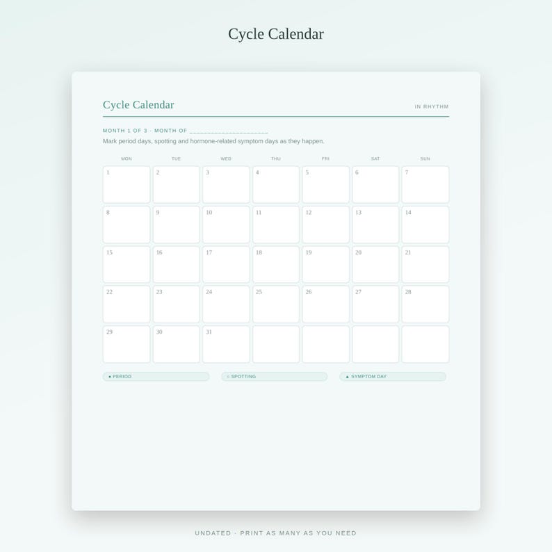 Puede incluir: Un calendario de ciclo de color verde claro con una cuadr&iacute;cula para 31 d&iacute;as. El encabezado dice Cycle Calendar e In Rhythm. Incluye secciones para marcar el periodo, manchado y s&iacute;ntomas, con el texto Undated - Print as many as you need.
