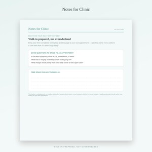 May include: A white paper form titled Notes for Clinic with sections for appointment preparation. It includes text prompts for questions to ask a healthcare provider and a lined area labelled Free Space for Anything Else, with a disclaimer at the bottom.
