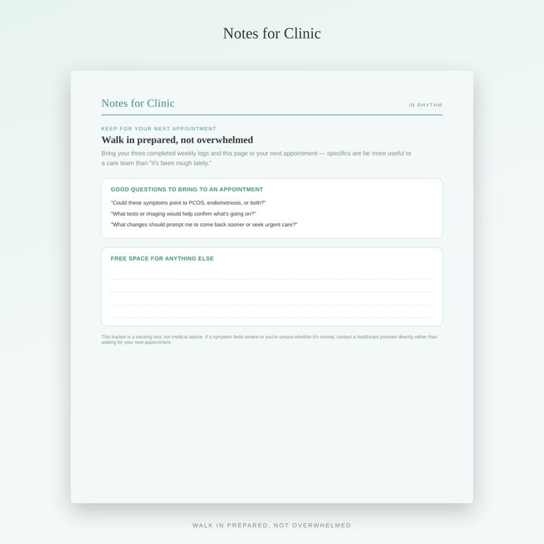 May include: A white paper form titled Notes for Clinic with sections for appointment preparation. It includes text prompts for questions to ask a healthcare provider and a lined area labelled Free Space for Anything Else, with a disclaimer at the bottom.