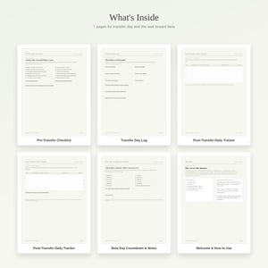 May include: A set of seven digital planner pages titled What's Inside, featuring a Pre-Transfer Checklist, Transfer Day Log, Post-Transfer Daily Tracker, Beta Day Countdown & Notes, and Welcome & How to Use guide with black text on white paper.