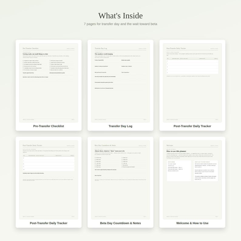 May include: A set of seven digital planner pages titled What's Inside, featuring a Pre-Transfer Checklist, Transfer Day Log, Post-Transfer Daily Tracker, Beta Day Countdown & Notes, and Welcome & How to Use guide with black text on white paper.
