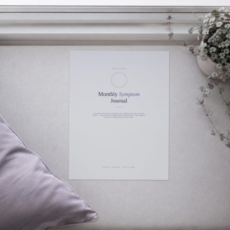 May include: A white rectangular Monthly Symptom Journal with a thin circular outline at the top. The text reads Monthly Symptom Journal followed by a small paragraph of descriptive text and the words UNDATED, REUSABLE, PRINT AT HOME at the bottom.