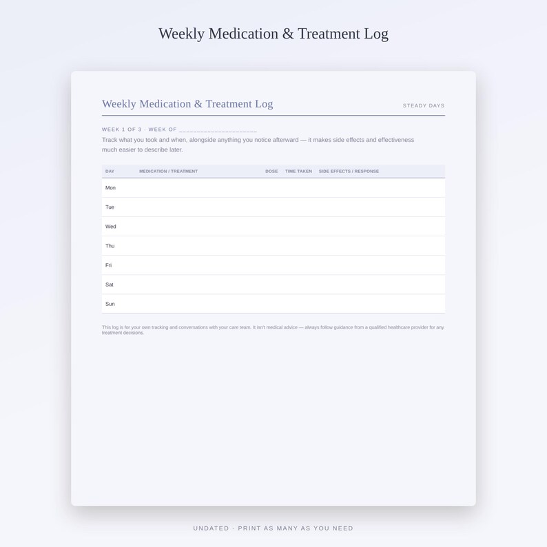 May include: A white Weekly Medication & Treatment Log printable sheet with dark grey text. It features a table with columns for day, medication, dose, time taken, and side effects. The header includes the text Steady Days and space for week numbers.