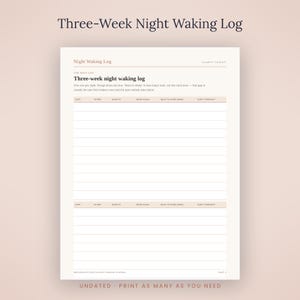 May include: A white paper Three-Week Night Waking Log with black text and light peach headers. The form includes columns for date, to bed, woke at, woke again, back to sleep in minutes, and slept through, with horizontal lines for daily entries.