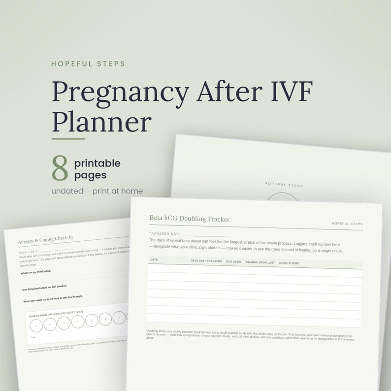 May include: A printable Pregnancy After IVF Planner with 8 pages. The cover page features the title in dark text on a light background. Included pages show a Beta hCG Doubling Tracker and an Anxiety and Coping Check-in with a scale of 1 to 10.