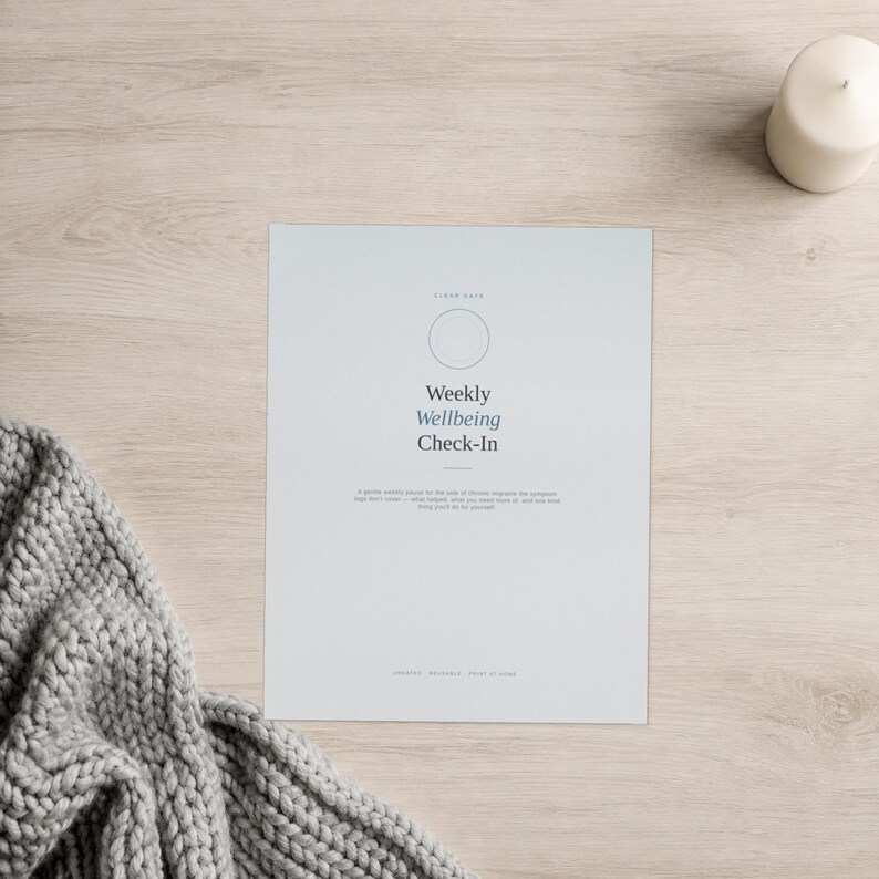 May include: A white rectangular paper sheet featuring the text Weekly Wellbeing Check-In, a circular outline, and smaller text below. The document includes the words CLEAN DAYS at the top and the words LIFESTYLE, PRINTABLE, PRINT AT HOME at the bottom.