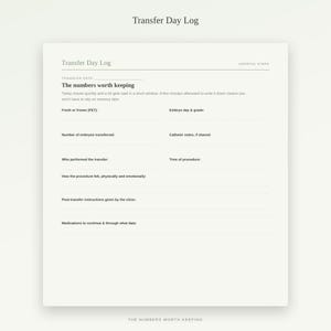 May include: A white paper log titled Transfer Day Log with the subtitle Hopeful Steps. The form includes fields for transfer date, embryo details, catheter notes, procedure time, physical and emotional feelings, clinic instructions, and medications.