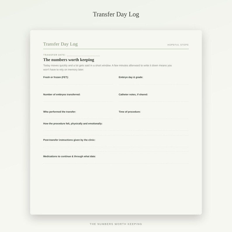 May include: A white paper log titled Transfer Day Log with the subtitle Hopeful Steps. The form includes fields for transfer date, embryo details, catheter notes, procedure time, physical and emotional feelings, clinic instructions, and medications.