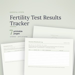 Puede incluir: Un rastreador imprimible de resultados de pruebas de fertilidad con siete p&aacute;ginas. El documento presenta el t&iacute;tulo Hopeful Steps e incluye registros espec&iacute;ficos para an&aacute;lisis de sangre hormonal y ecograf&iacute;as con columnas para fechas y notas.