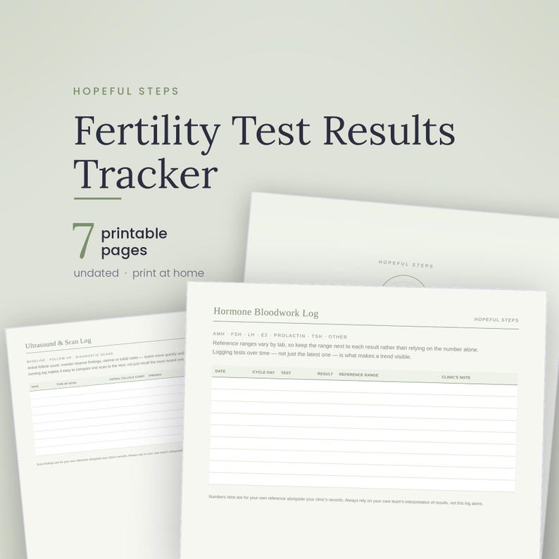 Puede incluir: Un rastreador imprimible de resultados de pruebas de fertilidad con siete p&aacute;ginas. El documento presenta el t&iacute;tulo Hopeful Steps e incluye registros espec&iacute;ficos para an&aacute;lisis de sangre hormonal y ecograf&iacute;as con columnas para fechas y notas.