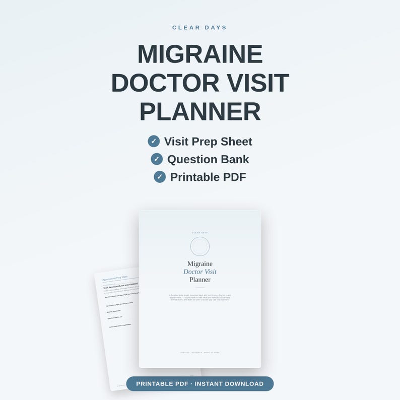 May include: A digital Migraine Doctor Visit Planner document featuring a Visit Prep Sheet and Question Bank. The text reads Clear Days, Migraine Doctor Visit Planner, Visit Prep Sheet, Question Bank, Printable PDF, and Printable PDF Instant Download.
