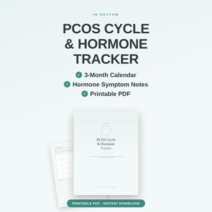 Puede incluir: Un documento digital de seguimiento del ciclo PCOS y hormonas que incluye un calendario de 3 meses y notas de s&iacute;ntomas hormonales. El texto dice IN RHYTHM, PCOS CYCLE & HORMONE TRACKER, 3-Month Calendar, Hormone Symptom Notes, Printable PDF y PRINTABLE PDF INSTANT DOWNLOAD.