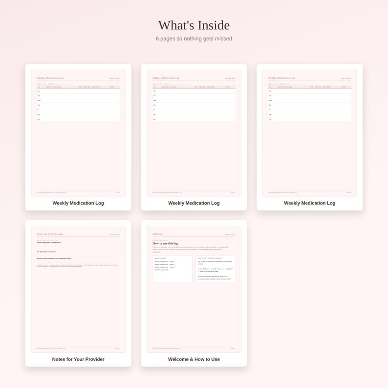 May include: A set of six digital planner pages with a light pink background. The pages include three Weekly Medication Log sheets, a Notes for Your Provider page, and a Welcome & How to Use page. The text What's Inside 6 pages so nothing gets missed is at the top.