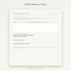 Op de afbeelding: Een wit document voor het bijhouden van recepten en apotheekgegevens met secties voor medicatie, navuldata, resterende hoeveelheid, herbestellingen en apotheeknotities. Bevat secties voor vragen over medicatieprotocollen en bijwerkingen.