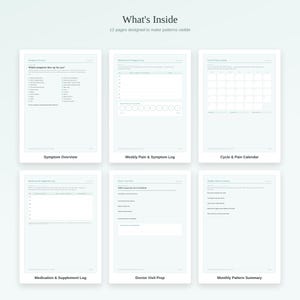May include: A set of 12 digital planner pages titled What's Inside. The pages include a Symptom Overview, Weekly Pain & Symptom Log, Cycle & Pain Calendar, Medication & Supplement Log, Doctor Visit Prep, and Monthly Pattern Summary with text.