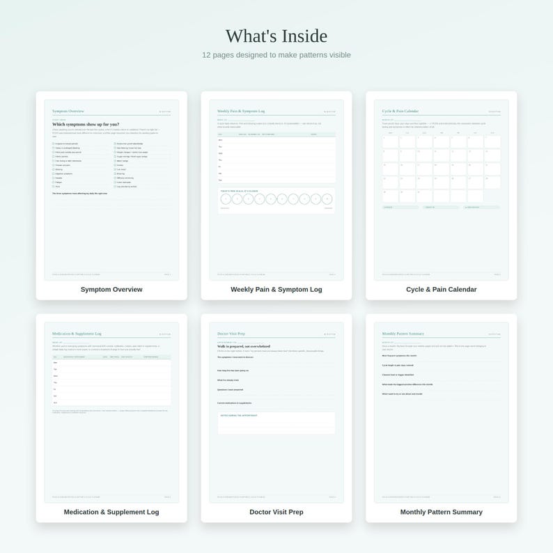 May include: A set of 12 digital planner pages titled What's Inside. The pages include a Symptom Overview, Weekly Pain & Symptom Log, Cycle & Pain Calendar, Medication & Supplement Log, Doctor Visit Prep, and Monthly Pattern Summary with text.