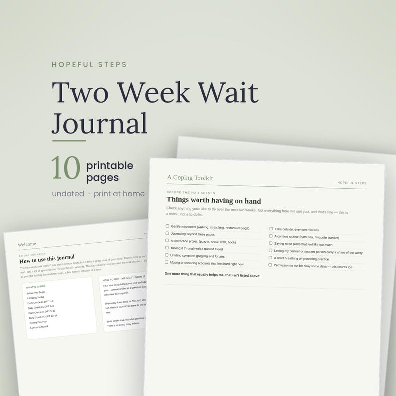 K&ouml;nnte beinhalten: Ein druckbares Two Week Wait Journal von Hopeful Steps mit 10 undatierten Seiten. Das Dokument enth&auml;lt eine Willkommensseite mit Anweisungen und eine Coping Toolkit-Seite mit dem Titel Things worth having on hand und einer Checkliste.
