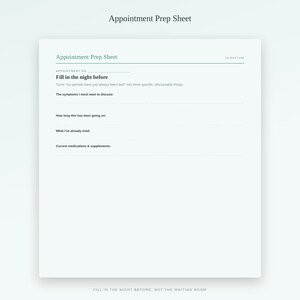 May include: A white Appointment Prep Sheet with dark text. It includes fields for appointment date, symptoms to discuss, duration, previous attempts, and current medications. The header reads Appointment Prep Sheet and In Rhythm.