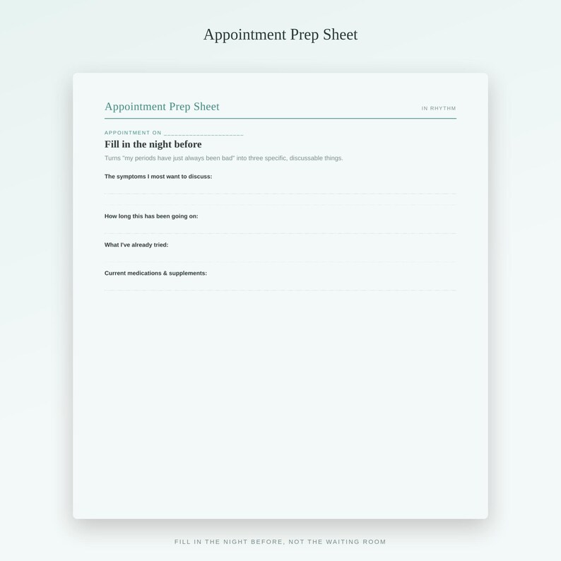 May include: A white Appointment Prep Sheet with dark text. It includes fields for appointment date, symptoms to discuss, duration, previous attempts, and current medications. The header reads Appointment Prep Sheet and In Rhythm.
