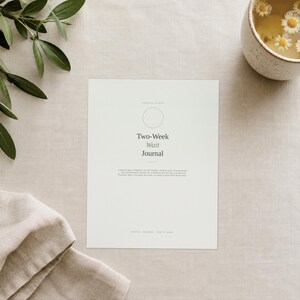 K&ouml;nnte beinhalten: Ein wei&szlig;es, rechteckiges Journal-Cover mit dem mittig aufgedruckten Text Two-Week Wait Journal. &Uuml;ber dem Text befindet sich ein d&uuml;nner Kreisumriss. Unter dem Titel steht ein kurzer Textabschnitt. Das Journal liegt auf einem hellen Stoff.