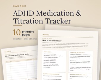 Planilha imprimível para controle de medicação para TDAH, registro de titulação, diário de doses e efeitos colaterais, planejador de revisão de TDAH para adultos.