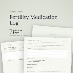 Op de afbeelding: Een printbaar logboek voor vruchtbaarheidsmedicatie met zeven pagina's, inclusief secties voor het bijhouden van protocollen, herhaalrecepten, apotheekgegevens en vragen voor medische afspraken. De documenten zijn wit met donkere tekst.