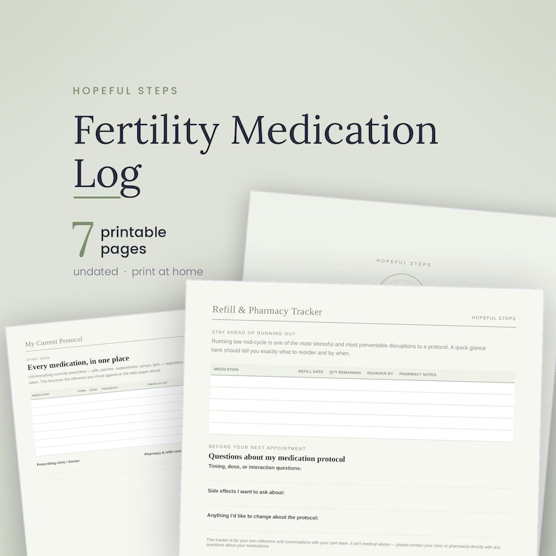 Op de afbeelding: Een printbaar logboek voor vruchtbaarheidsmedicatie met zeven pagina's, inclusief secties voor het bijhouden van protocollen, herhaalrecepten, apotheekgegevens en vragen voor medische afspraken. De documenten zijn wit met donkere tekst.