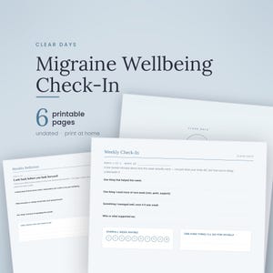 May include: A set of six printable pages titled Clear Days Migraine Wellbeing Check-In. The documents feature sections for a Weekly Check-In and Monthly Reflection, including prompts for self-care, weekly ratings, and space for personal notes.