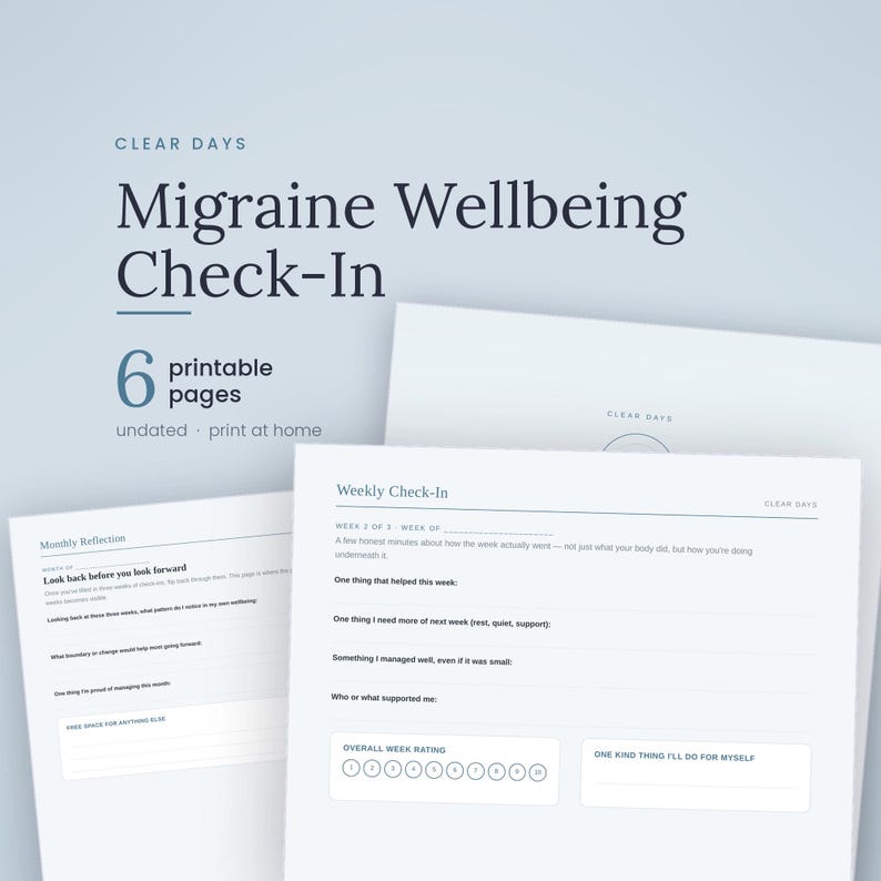 May include: A set of six printable pages titled Clear Days Migraine Wellbeing Check-In. The documents feature sections for a Weekly Check-In and Monthly Reflection, including prompts for self-care, weekly ratings, and space for personal notes.
