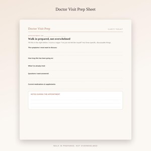 May include: A cream-coloured Doctor Visit Prep Sheet with dark text. It includes sections for appointment details, symptoms, duration, treatments tried, questions, and current medications, plus a box for notes during the appointment.
