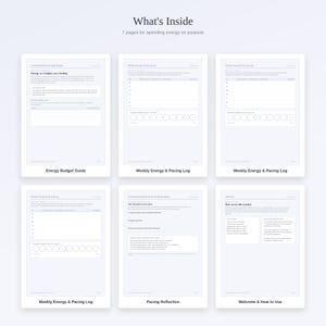 Op de afbeelding: Een digitale planner-set getiteld What's Inside met 7 pagina's voor het doelgericht besteden van energie. Het bevat een energiebudgetgids, drie wekelijkse energie- en pacing-logboeken, een reflectiepagina en een welkomst- en instructiepagina.