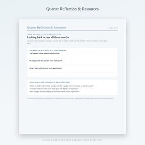 Puede incluir: Una p&aacute;gina blanca titulada Quarter Reflection & Resources con secciones para Looking back across all three months y Good questions to bring to an appointment. El dise&ntilde;o incluye indicaciones para patrones, logros y la preparaci&oacute;n de citas m&eacute;dicas.