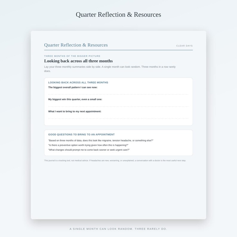 Puede incluir: Una p&aacute;gina blanca titulada Quarter Reflection & Resources con secciones para Looking back across all three months y Good questions to bring to an appointment. El dise&ntilde;o incluye indicaciones para patrones, logros y la preparaci&oacute;n de citas m&eacute;dicas.