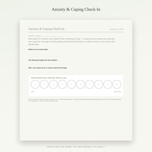 May include: A cream-coloured Anxiety & Coping Check-In worksheet featuring sections for date, thoughts, coping strategies, and support contacts. It includes a scale from 1 to 10 labelled How Anxious Am I Feeling Today, with circles numbered 1 through 10.