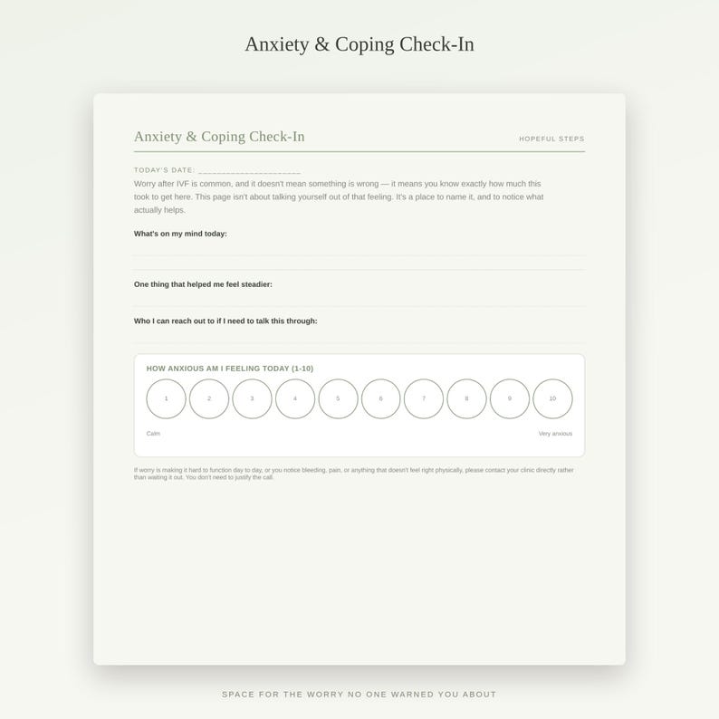 May include: A cream-coloured Anxiety & Coping Check-In worksheet featuring sections for date, thoughts, coping strategies, and support contacts. It includes a scale from 1 to 10 labelled How Anxious Am I Feeling Today, with circles numbered 1 through 10.