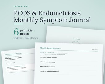 Könnte beinhalten: Ein druckbares monatliches Symptom-Tagebuch für PCOS & Endometriose mit 6 Seiten. Der Text auf dem Deckblatt lautet In Rhythm PCOS & Endometriosis Monthly Symptom Journal. Die Innenseiten enthalten Abschnitte zur monatlichen Zusammenfassung und Reflexion.