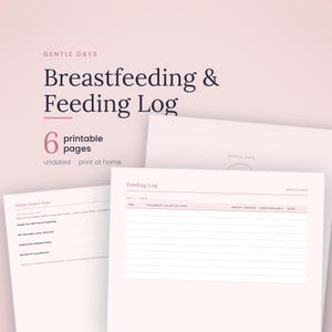 K&ouml;nnte beinhalten: Ein Set aus sechs druckbaren Seiten mit dem Titel Gentle Days Breastfeeding & Feeding Log. Die Dokumente haben einen hellrosa Hintergrund mit dunklem Text, einschlie&szlig;lich eines F&uuml;tterungsprotokolls mit Spalten f&uuml;r Zeit, Typ, Menge, Dauer, Windeln und Notizen.