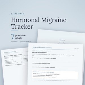 Op de afbeelding: Een printbare Hormonal Migraine Tracker van 7 pagina's. Het document bevat secties met de titels Clear Days, Hormonal Migraine Baseline en Three-Month Pattern Summary, met selectievakjes en lijnen voor het bijhouden van symptomen en vragen.
