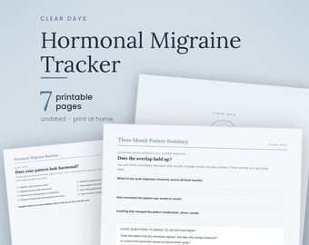 Planilha imprimível para controle da enxaqueca hormonal, calendário menstrual para enxaqueca, registro de dores de cabeça cíclicas em PDF, download digital, download instantâneo.