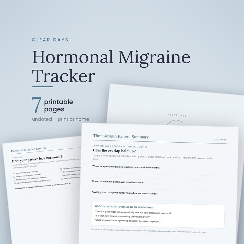Op de afbeelding: Een printbare Hormonal Migraine Tracker van 7 pagina's. Het document bevat secties met de titels Clear Days, Hormonal Migraine Baseline en Three-Month Pattern Summary, met selectievakjes en lijnen voor het bijhouden van symptomen en vragen.