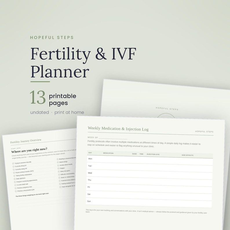 May include: A digital fertility and IVF planner with 13 printable pages. The document features a Fertility Journey Overview page with checkboxes and a Weekly Medication and Injection Log with columns for day, medication, dose, time, and side effects.