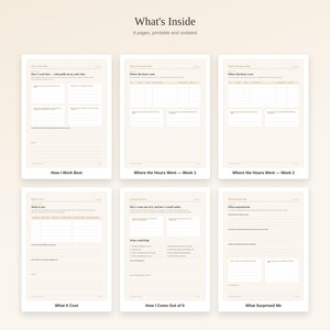 May include: A set of six printable, undated planner pages titled What's Inside, featuring sections like How I Work Best, Where the Hours Went, What It Cost, How I Come Out of It, and What Surprised Me. The pages have a neutral beige colour scheme.