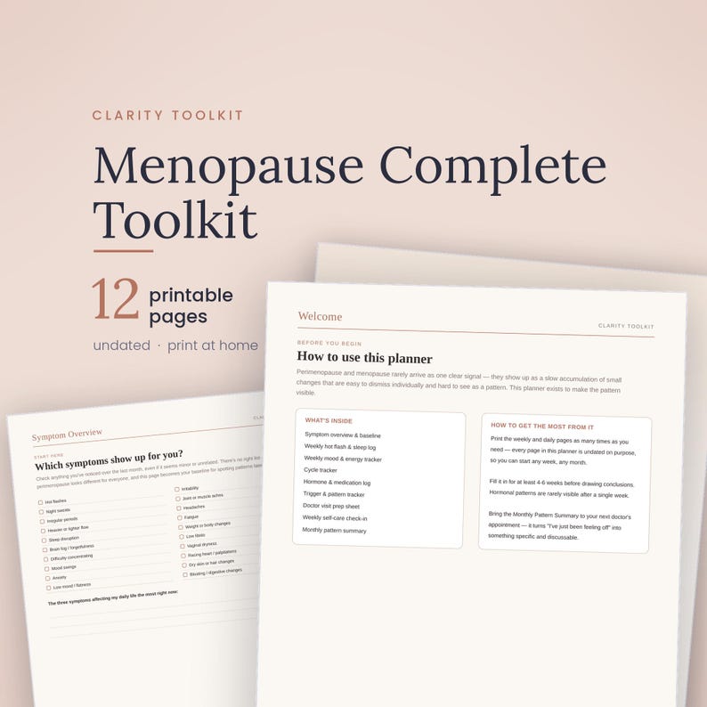 May include: A digital Clarity Toolkit titled Menopause Complete Toolkit featuring 12 printable pages. The document includes a welcome page with instructions on how to use the planner and a symptom overview page with checkboxes for tracking various symptoms.