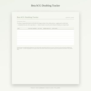 May include: A cream-coloured Beta hCG Doubling Tracker document featuring a header with the title and Hopeful Steps branding. It includes a transfer date line, descriptive text, and a table with columns for date, days past transfer, hCG level, change, and notes.