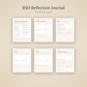 May include: A set of 10 printable pages titled RSD Reflection Journal. The pages feature structured layouts with headings such as How to use this journal, How I took note, Right now, Afterwards, and What I felt, and what was actually said.