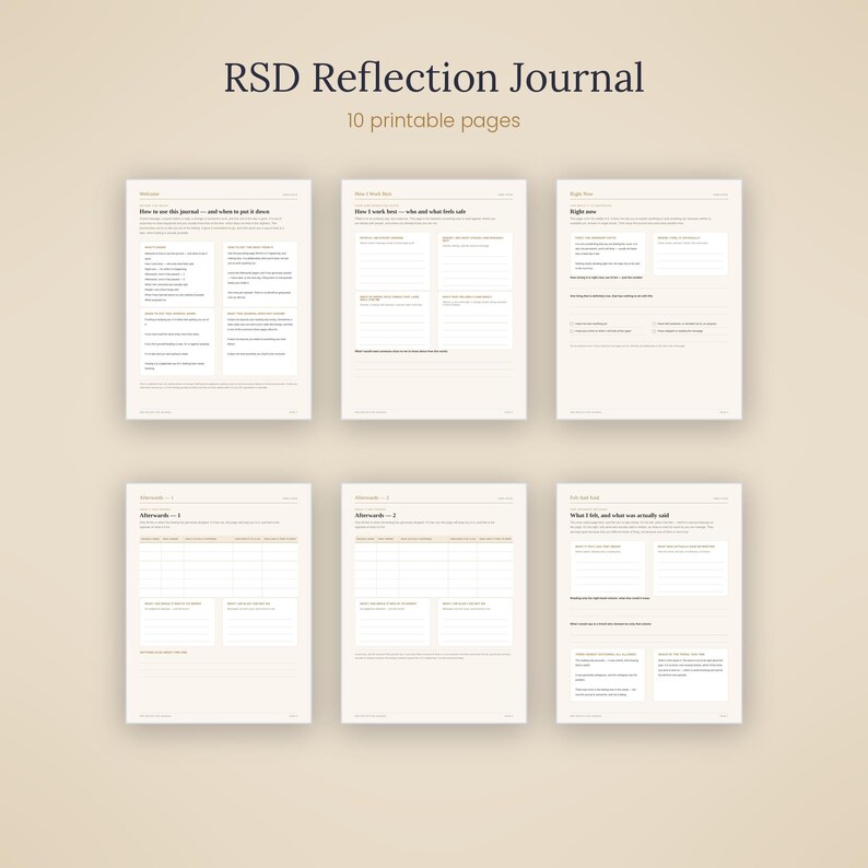 May include: A set of 10 printable pages titled RSD Reflection Journal. The pages feature structured layouts with headings such as How to use this journal, How I took note, Right now, Afterwards, and What I felt, and what was actually said.