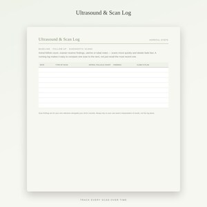 Puede incluir: Un formulario de papel blanco Ultrasound & Scan Log con el t&iacute;tulo Hopeful Steps. Incluye secciones para fecha, tipo de escaneo, recuento de fol&iacute;culos antrales, hallazgos y plan de la cl&iacute;nica. El dise&ntilde;o presenta l&iacute;neas para registrar datos.