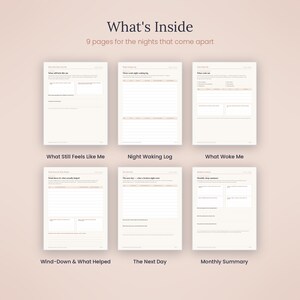 May include: A set of six printable planner pages with a light beige background and dark text. The pages are titled What Still Feels Like Me, Night Waking Log, What Woke Me, Wind-Down & What Helped, The Next Day, and Monthly Summary, featuring various sections for tracking sleep and daily habits.
