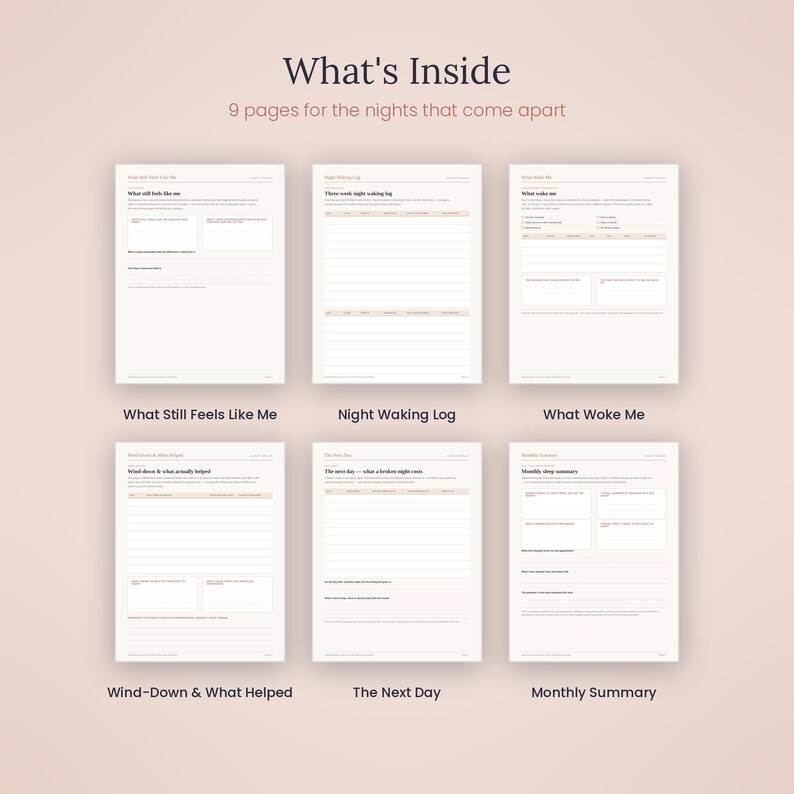 May include: A set of six printable planner pages with a light beige background and dark text. The pages are titled What Still Feels Like Me, Night Waking Log, What Woke Me, Wind-Down & What Helped, The Next Day, and Monthly Summary, featuring various sections for tracking sleep and daily habits.